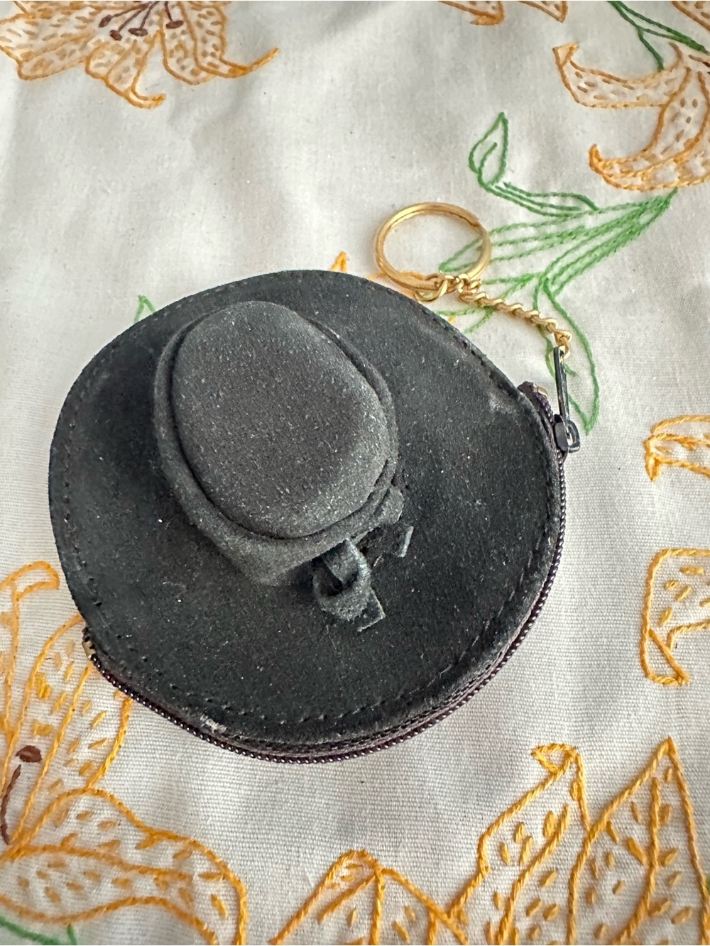 Vintage Black Suede Leather Hat Coin Purse Keychain Novelty Mini Bag